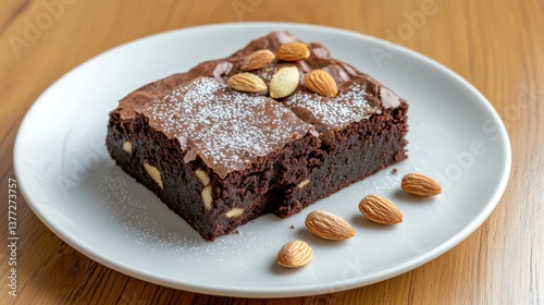 Delicious Brownies Topped with Almonds and Dusting of Powdered Sugar