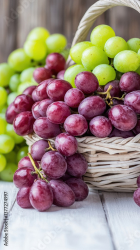 Red and green grapes in wicker basket on white table
