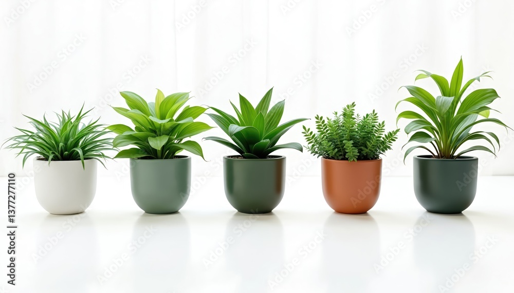 Fototapeta premium Collection of green potted houseplants on white table. Rich green leaves in different shapes, sizes. Home decor, interior design. Botany, gardening. Studio shot, clean aesthetic, bright minimalist