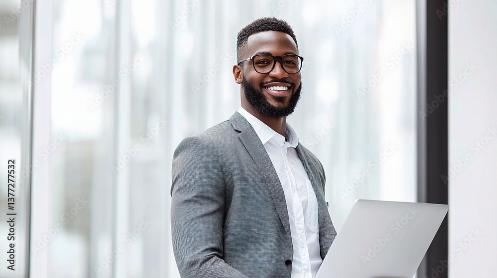 Fototapeta premium Confident Businessman Standing and Smiling with Laptop in Office