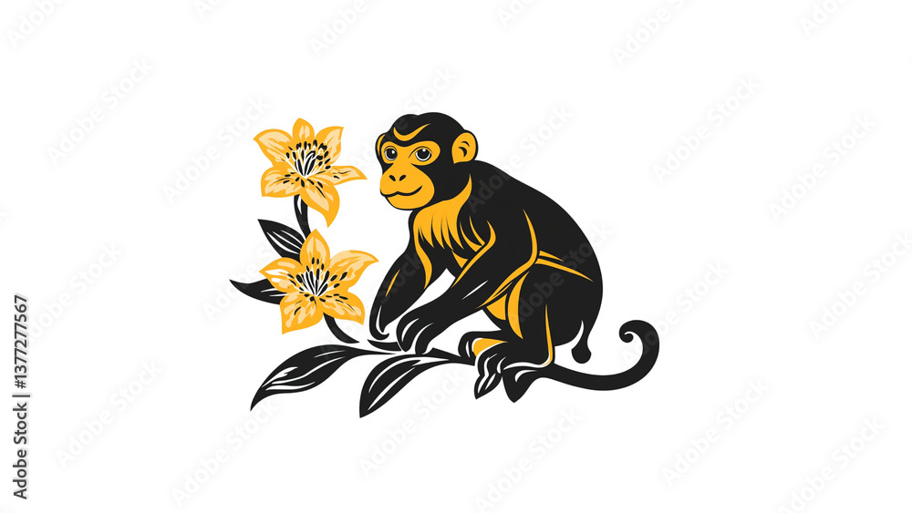 Obraz premium Elegant Black and Gold Monkey with Lilies - Stylized Animal Illustration