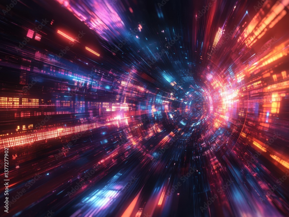 Abstract representation of a digital tunnel with vibrant lights and motion blur Abstract representation of a digital tunnel with vibrant lights and motion blur