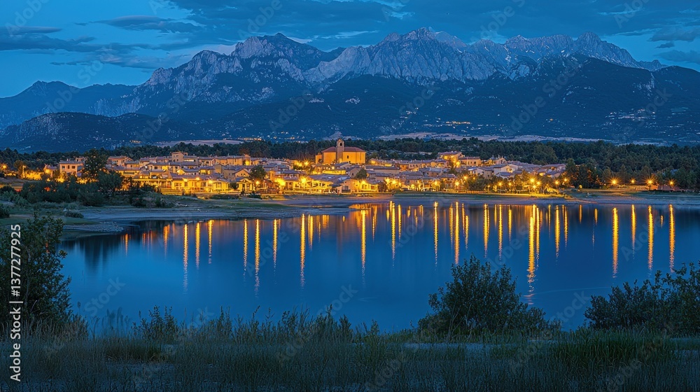 Fototapeta premium Mountain town reflected in tranquil lake at twilight
