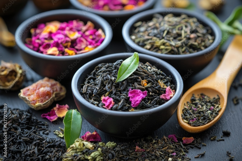 Assorted loose leaf teas in small bowls Assorted loose leaf teas in small bowls
