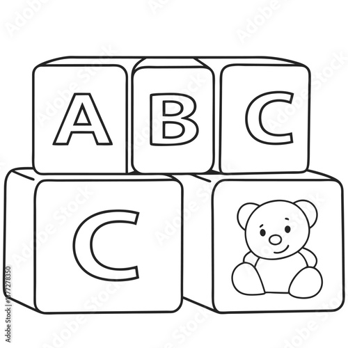 ABC Blocks with Cute Teddy Bear for Kids Coloring Page
