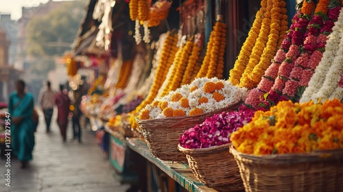 A colorful marketplace in India, with flower vendors selling fresh garlands and loose petals in woven baskets.