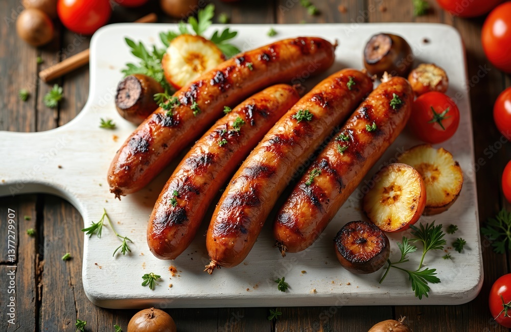 Grilled sausages with vegetables on wooden board. Top view of various bbq snacks, suitable for menu, recipe, advertising. Butchering, grill, steakhouse, food, party, cooking concept. Grilled sausages with vegetables on wooden board. Top view of various bbq snacks, suitable for menu, recipe, advertising. Butchering, grill, steakhouse, food, party, cooking concept.