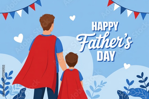 Father and son in capes celebrate Father's Day with love and joy in a festive setting.