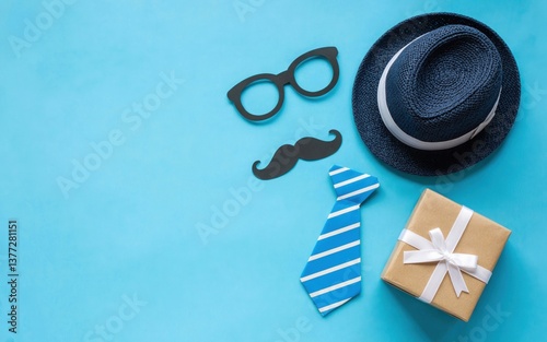 Father's Day concept with gifts, glasses, hat, tie, and mustache on a blue background.