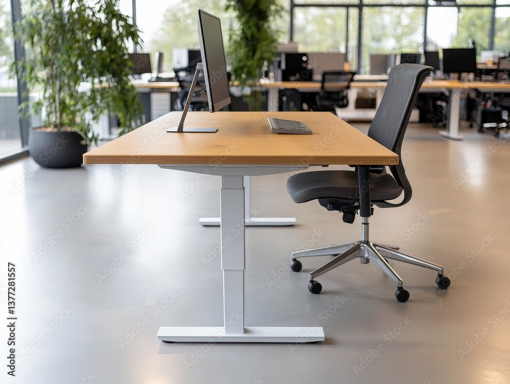 Modern workspace featuring a sleek desk and ergonomic chair in bright office. Modern workspace featuring a sleek desk and ergonomic chair in bright office.