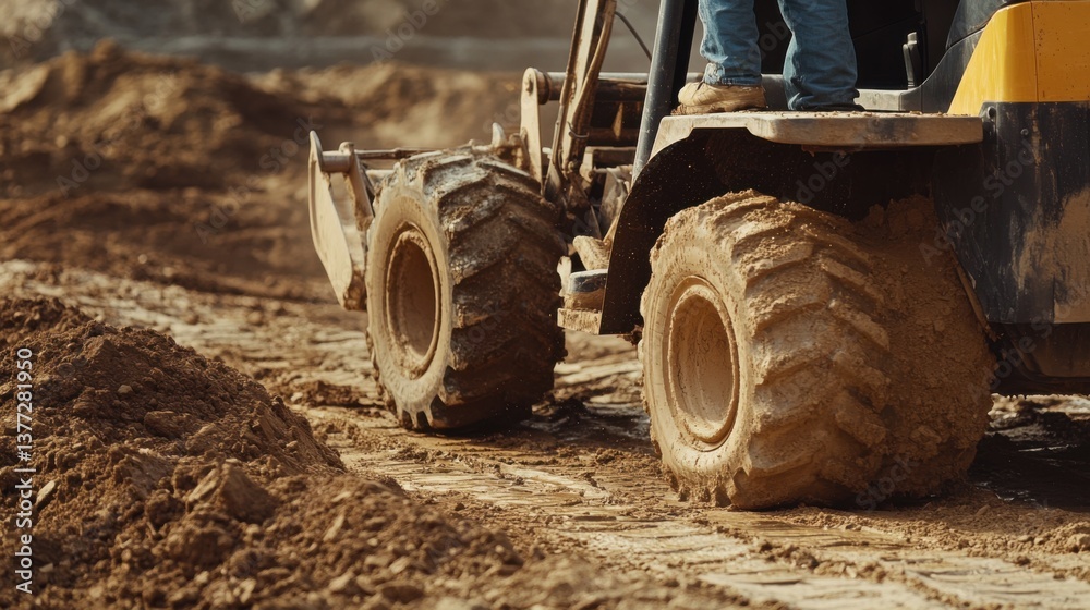 A construction worker operating a skid steer loader at a construction site. Featuring skill and precision A construction worker operating a skid steer loader at a construction site. Featuring skill and precision