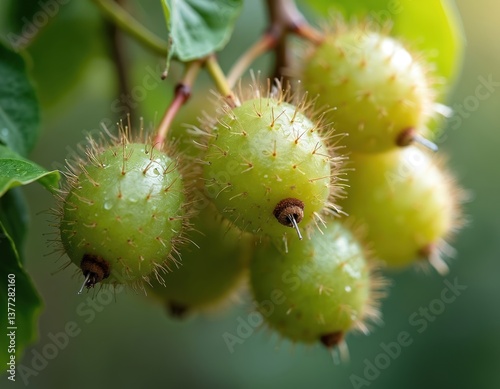 Close-up of hardy kiwis Actinidia arguta growing on vine. Small green fruits with tiny spikes. Healthy organic fresh fruits in garden. Summer harvest of mini kiwis. photo