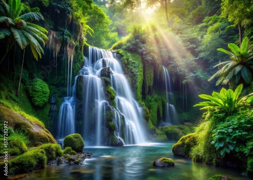 Lush Tropical Waterfall Paradise: Stunning Cascading Water in Vibrant Green Foliage