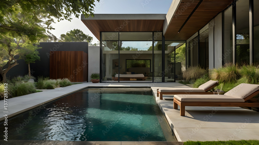 Fototapeta premium Modern Minimalist Home Poolside Design Concrete Wood Loungers