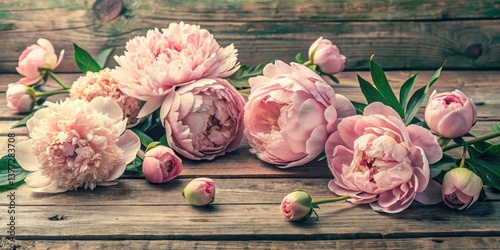 A delicate arrangement of pale pink peonies blossoms rests on a rustic wooden surface, showcasing the beauty of nature's artistry.