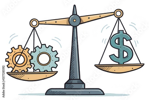 A simple weighing scale balancing a gear on one side and a dollar sign on the other, symbolizing fair wages, on a white background