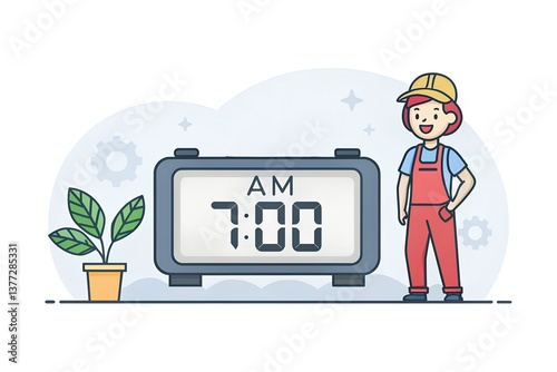 A simple alarm clock icon set to 7:00 AM, representing a worker’s daily routine, is placed on a white background