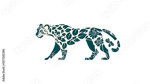 Wallpaper Mural Elegant Teal Floral Leopard Design - Walking Big Cat Illustration Torontodigital.ca