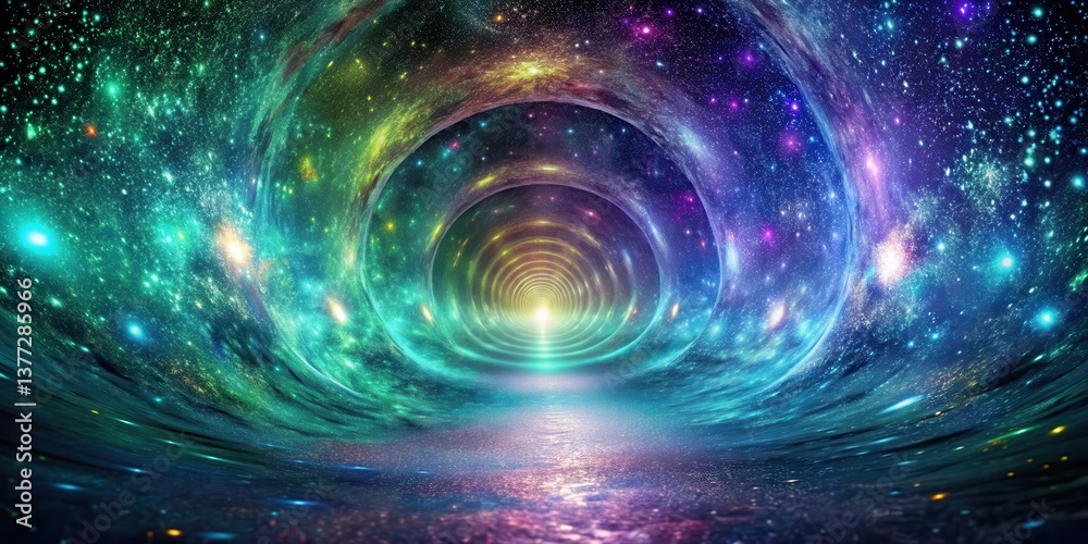 Fototapeta premium A Cosmic Tunnel of Vibrant Nebulae and Sparkling Stars Leading to a Bright Light at the End of an Infinite Journey Through the Vast Expanse of Space