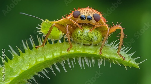 A close-up of a Venus flytrap snapping shut on an unsuspecting insect, high-speed macro photography