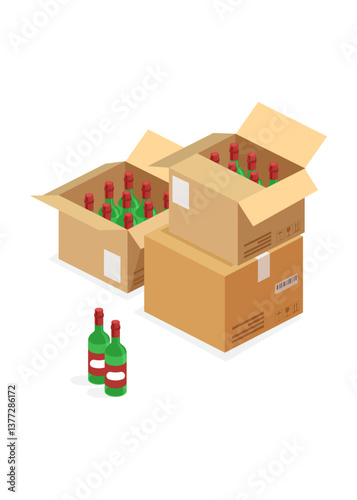 Bottles of wine in an open cardboard box stock illustration