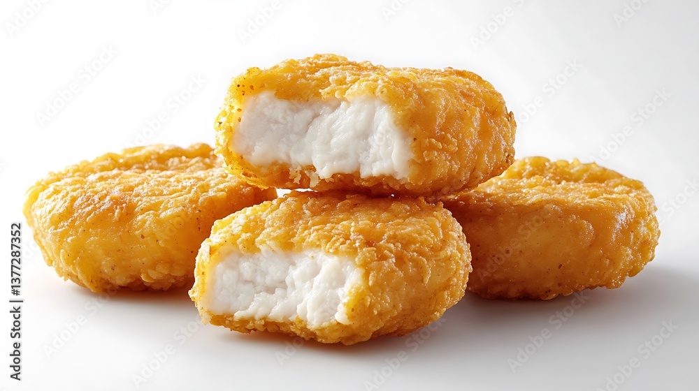 A stack of four golden brown chicken nuggets on a white surface A stack of four golden brown chicken nuggets on a white surface