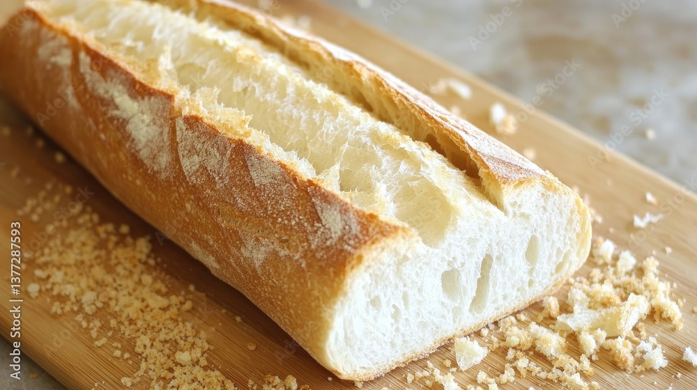 A sliced baguette with a crispy crust and airy interior, placed on a cutting board with scattered breadcrumbs
