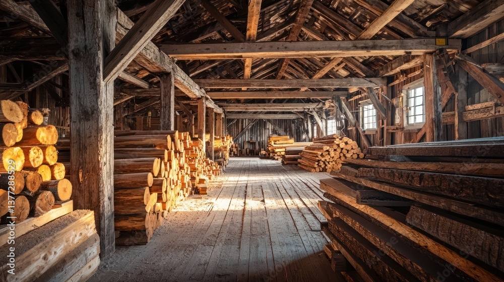 Interior of a lumber mill with stacked wood Interior of a lumber mill with stacked wood