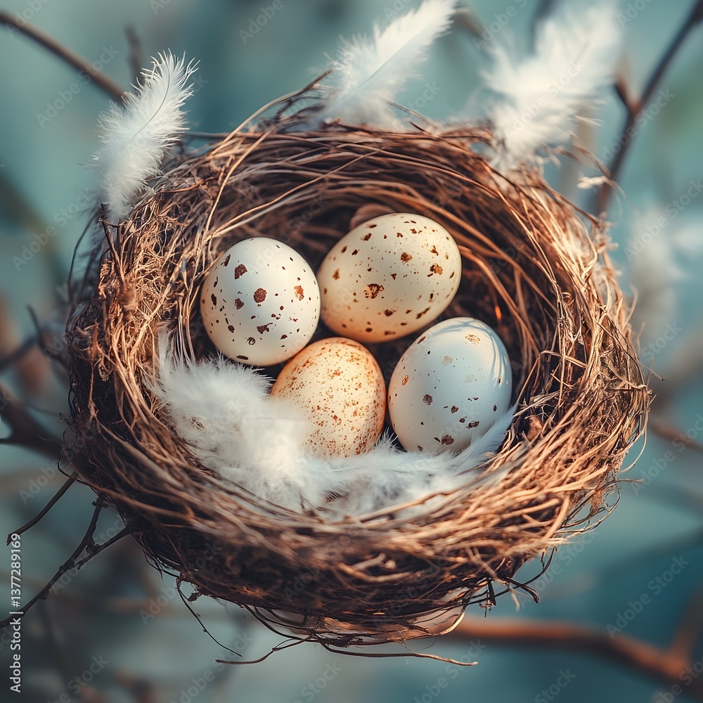 Obraz premium Nest with speckled eggs in a tree