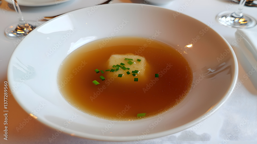 Light Grienockerlsuppe with Semolina Dumpling in Clear Broth Garnished with Chives on Elegant Table Setting Light Grienockerlsuppe with Semolina Dumpling in Clear Broth Garnished with Chives on Elegant Table Setting