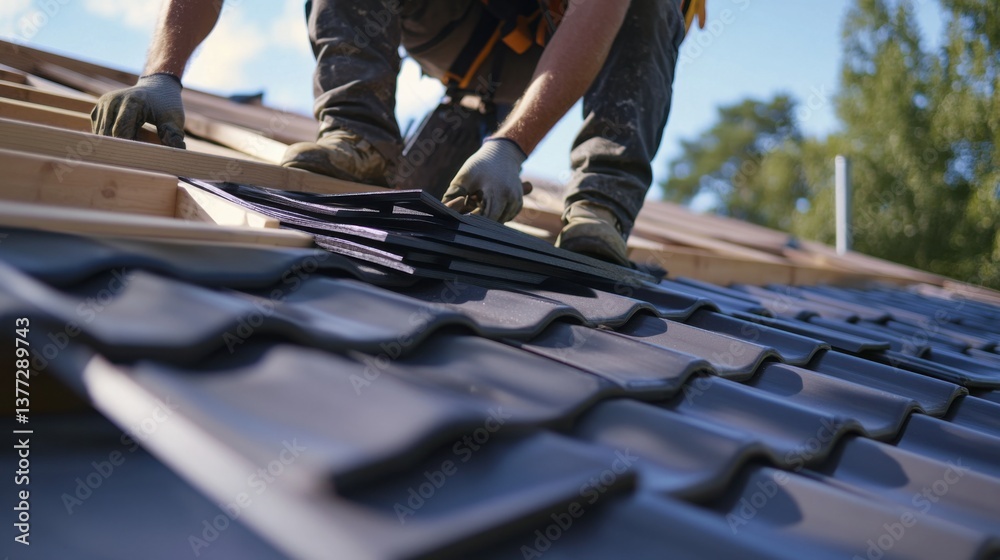 A construction worker placing roof tiles. Featuring concentration and care A construction worker placing roof tiles. Featuring concentration and care
