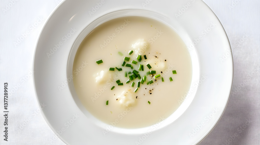 Light Grienockerlsuppe with Semolina Dumplings in a White Bowl with Chives on a Soft Background Light Grienockerlsuppe with Semolina Dumplings in a White Bowl with Chives on a Soft Background