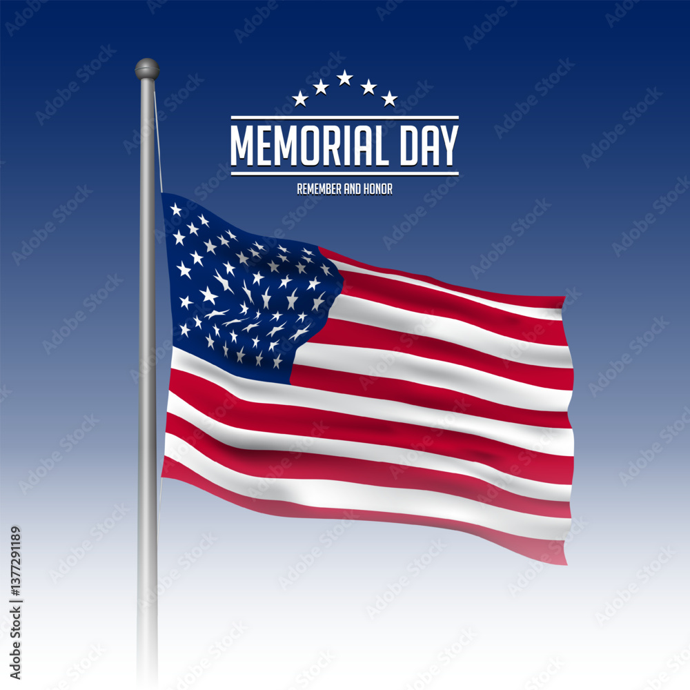 Fototapeta premium Memorial Day American Flag Greeting Card Template Design on Blue Background.
