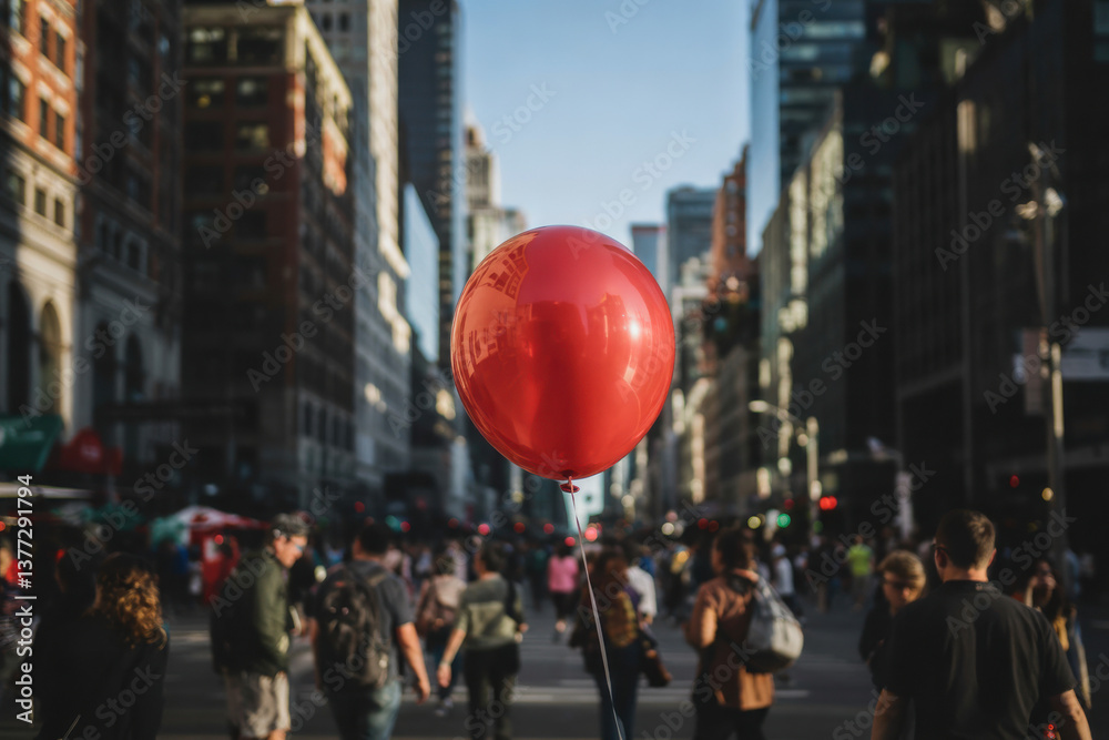 Fototapeta premium Red balloon floating through city