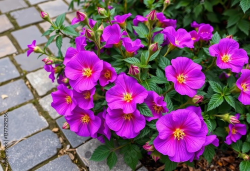 Vibrant purple Rugosa roses blooming on a stone pavement, botanical, photography