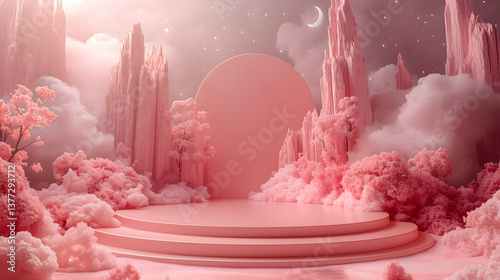 Wallpaper Mural A Dreamscape: A surreal, pastel pink panorama featuring an empty pedestal, inviting imagination and wonder. Lush clouds and towering formations. Torontodigital.ca