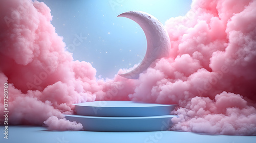 Wallpaper Mural Dreamy Podium with Crescent Moon: A surreal composition features a two-tiered podium nestled amidst fluffy pink clouds, with a large crescent moon overhead, invoking a sense of fantasy and serenity. Torontodigital.ca