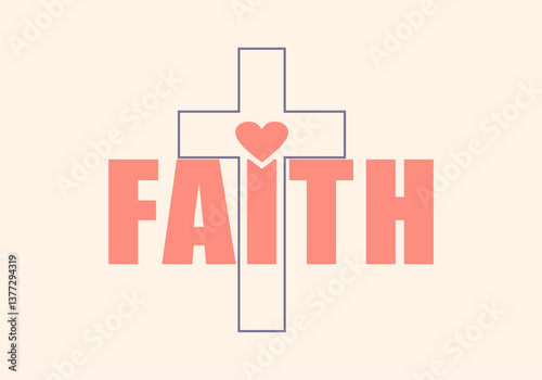 Cross in thin lines style and faith word decorated by heart shape icon.