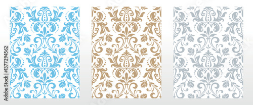 Wallpapers in the style of Baroque.. Set of colored floral ornaments. Seamless vector backgrounds Graphic patterns for fabric, wallpaper, packaging. Ornate Damask flower illustration