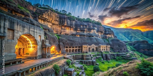 Majestic Ajanta Caves, Aurangabad, India - Long Exposure Night Photography