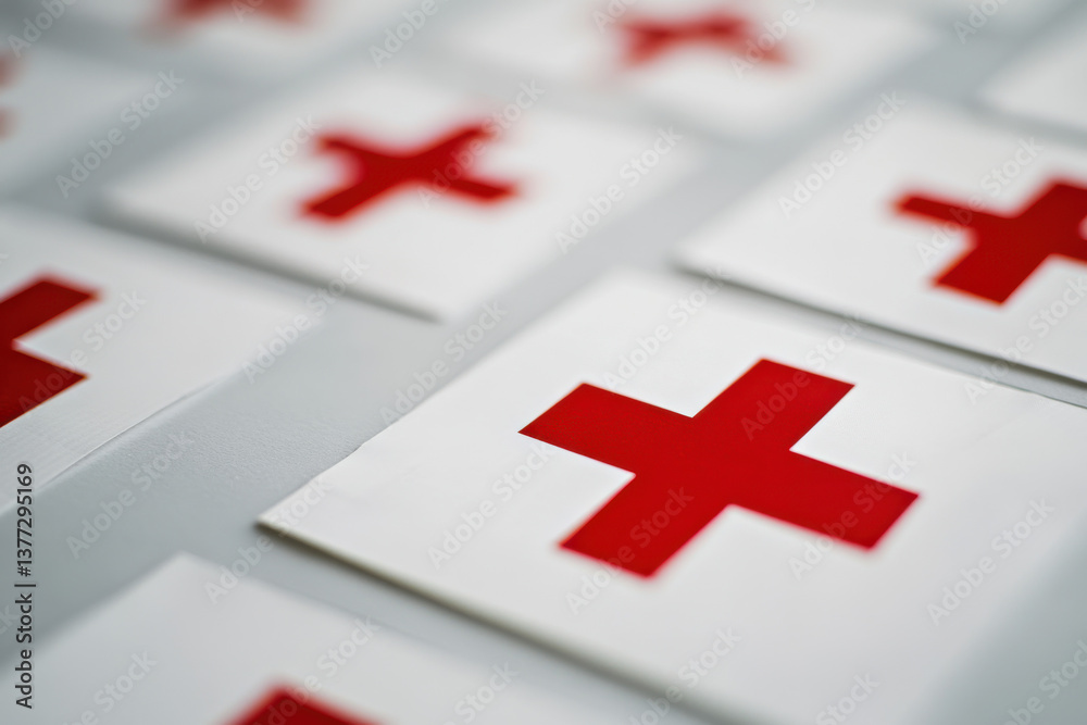 Red cross signs on a white paper with sticky tape