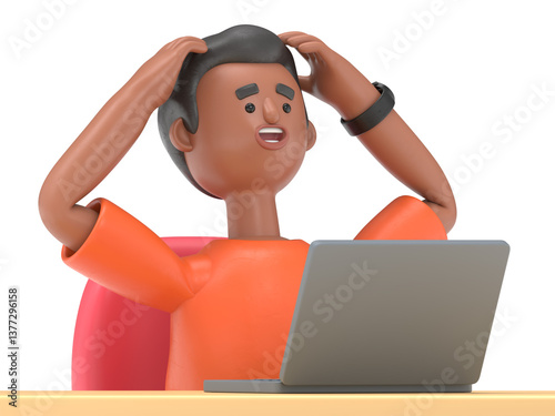 3D illustration of handsome afro man David.Tired and exasperated office worker is grabbed his head.Stress in the office.Rush work.Supports PNG files with transparent backgrounds. 