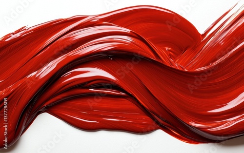 Abstract image of swirling red paint on a white background. The paint is thick and glossy, creating a dynamic and textured effect. The colors are rich and vibrant, and the overall impression is one