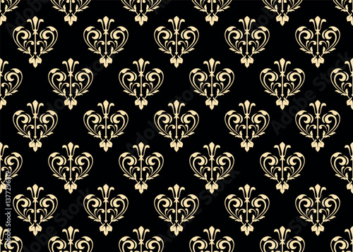 Floral pattern. Seamless vector background. Vintage wallpaper in the Baroque style. Golden and black ornament for fabric, wallpaper, packaging. Ornate Damask flower illustration