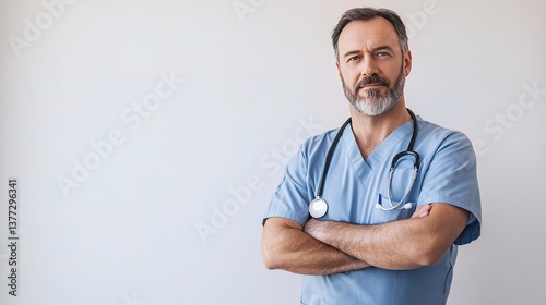 Middle-aged male doctor in scrubs standing confidently with arms crossed