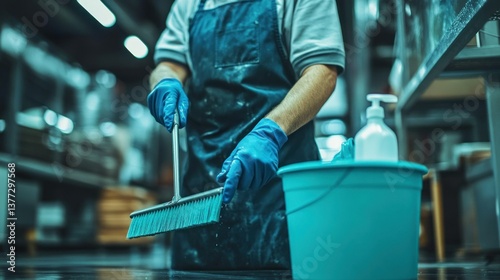 Factory worker cleaning with brush and bucket