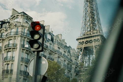 Paris Street Scene with Eiffel Tower on Film