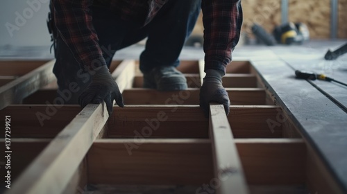 A construction worker securing a floor joist in place. Featuring precision and craftsmanship