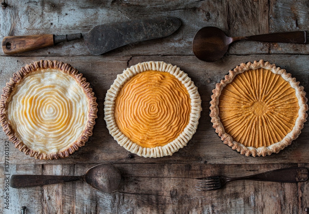 Three pies, arranged on a rustic wooden surface, featuring intricate designs on top Three pies, arranged on a rustic wooden surface, featuring intricate designs on top