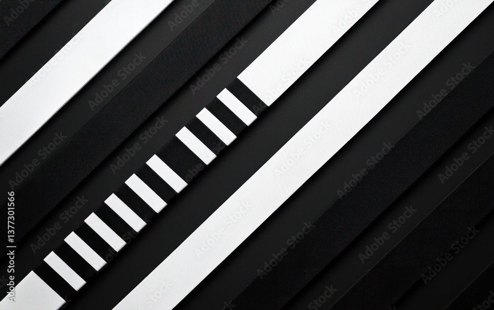 Obraz premium Abstract image of black and white stripes on a dark background. The stripes are arranged in a diagonal pattern, creating a visually interesting texture and geometric design. The image has a modern